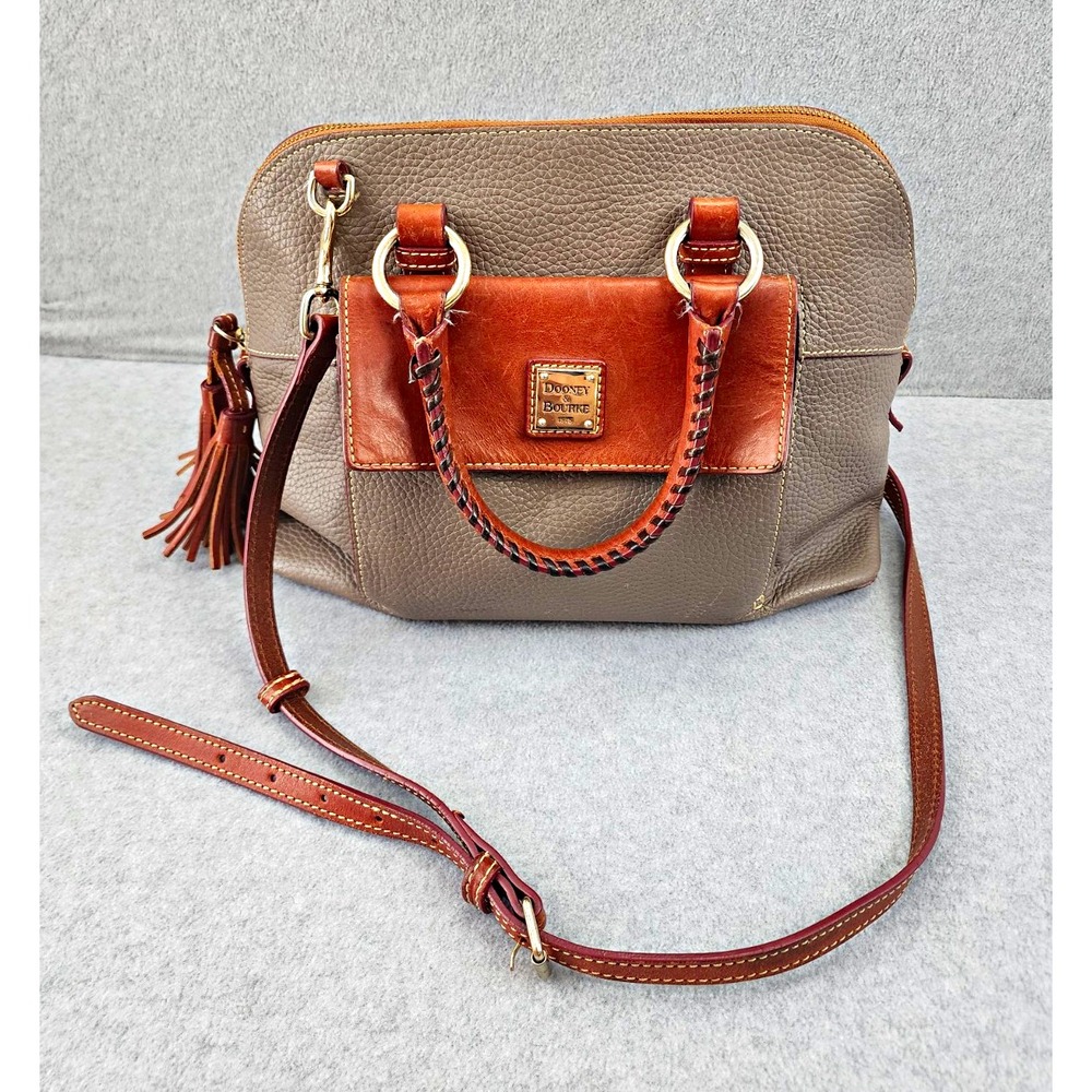 Dooney & Bourke Pebbled Leather Satchel Gray/Brown Tassel Zip Medium **READ**